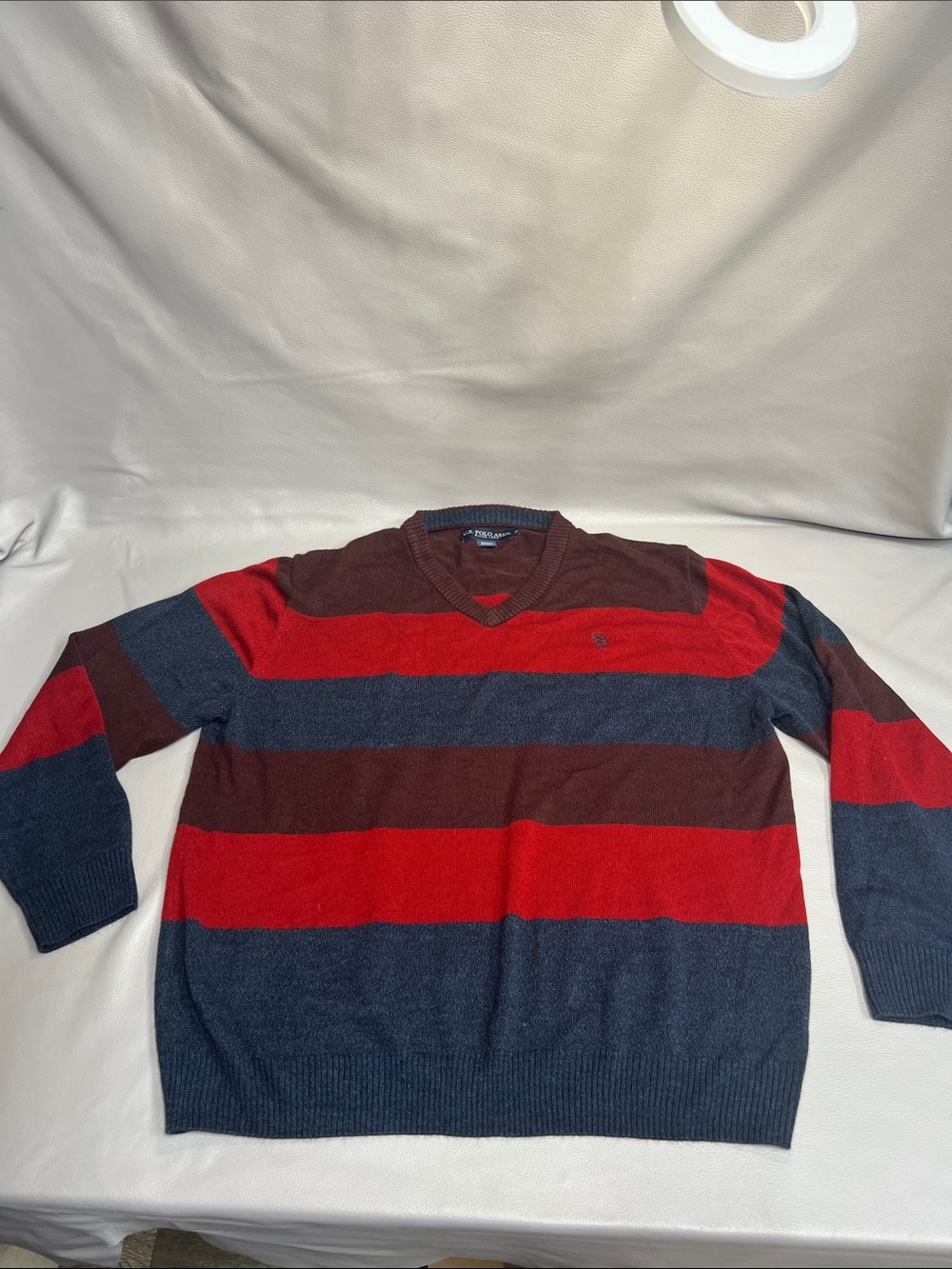 U.S. Polo Assn. Men's V-Neck Striped Sweater in Red, Navy & Brown